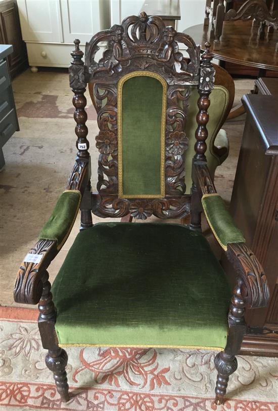 Late 19th century Carolean style carved oak armchair